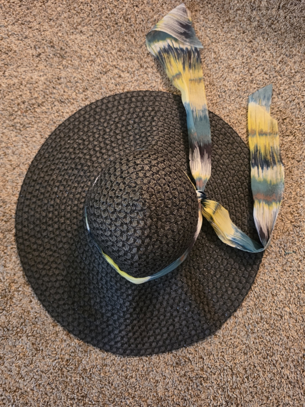 Black Wide-Brim Sun Hat with Yellow & Blue Scarf Accent